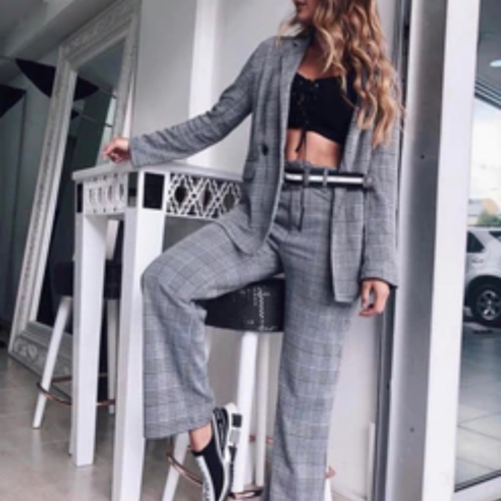Glen Check Plaid Pant Suit Blazer Paper Bag Waist Pant Liz Claiborne Gray Black - Picture 2 of 16